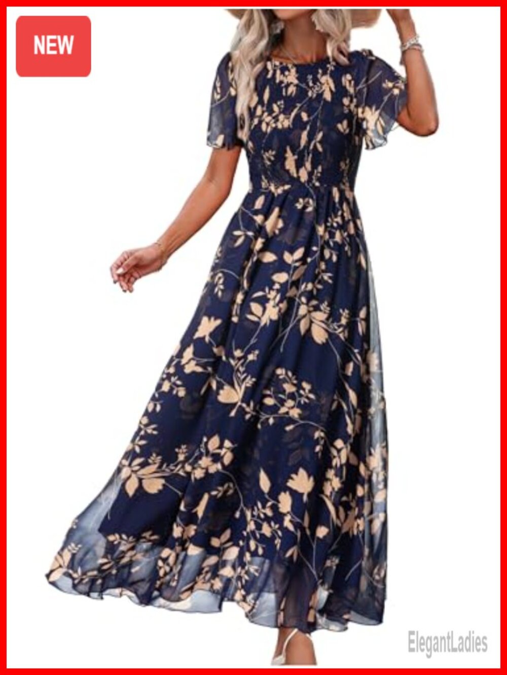 Simplee Womens Floral Maxi Dress Smocked Chiffon Short Sleeve Boho